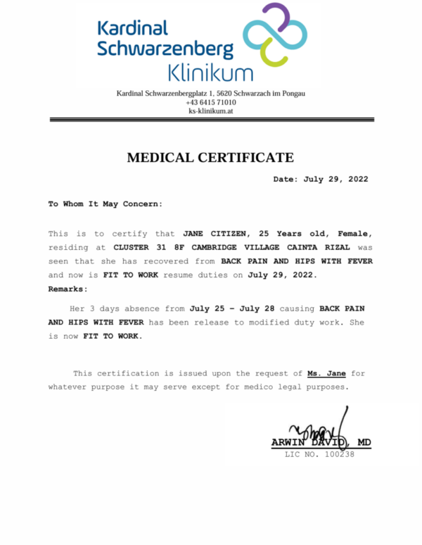 Kardinal Schwarzenberg Klinikum medical certificate template in Word and PDF formats