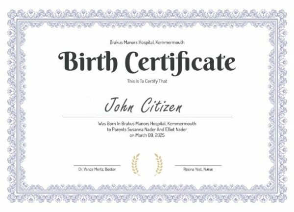 Kemmermouth Brakus Manors hospital birth certificate template in PSD format