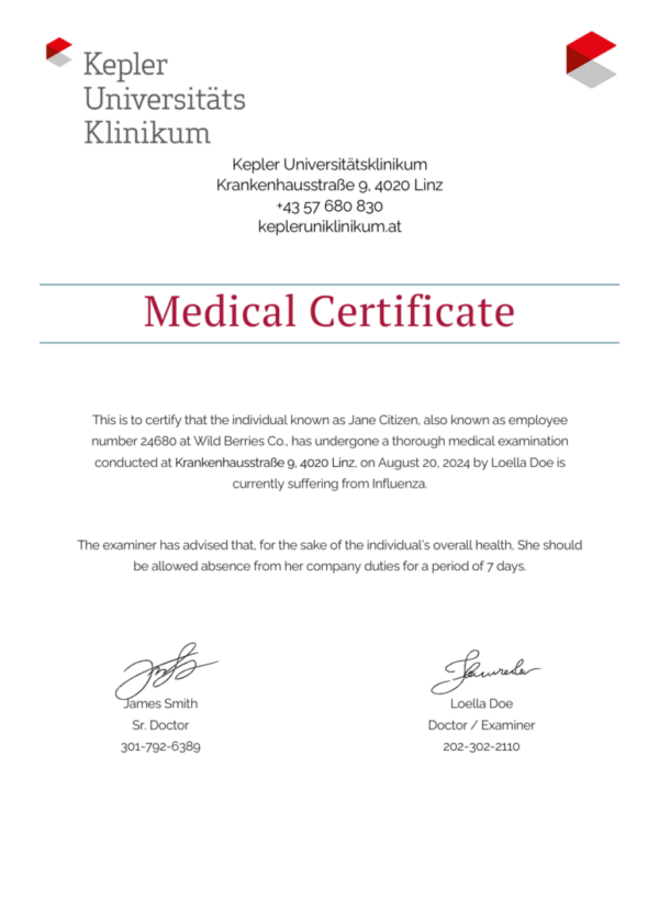 Kepler Universitätsklinikum medical certificate template in Word and PDF formats