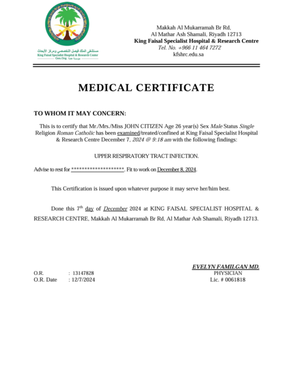 King Faisal Specialist Hospital & Research Centre medical certificate template in Word and PDF formats