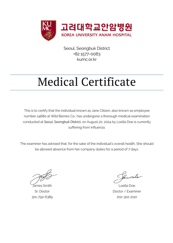 Korea University Anam Hospital medical certificate template in Word and PDF formats