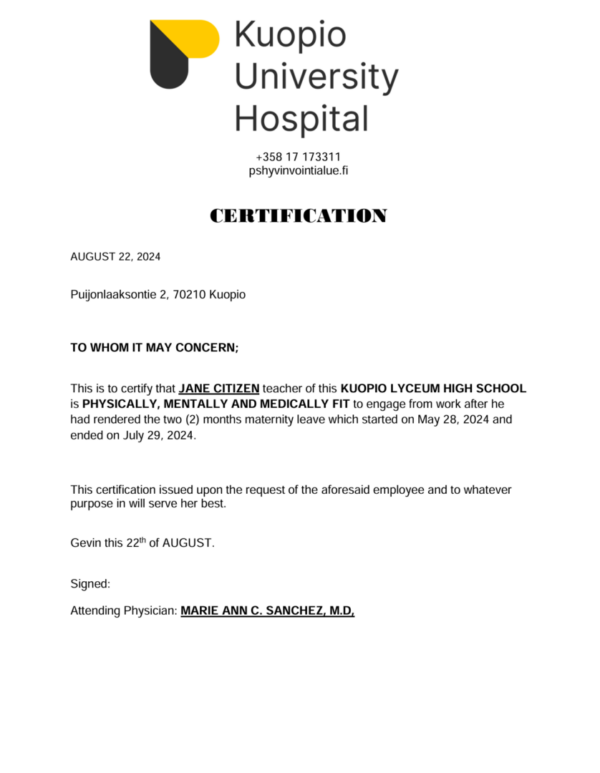 Kuopio University Hospital certification template in Word and PDF formats