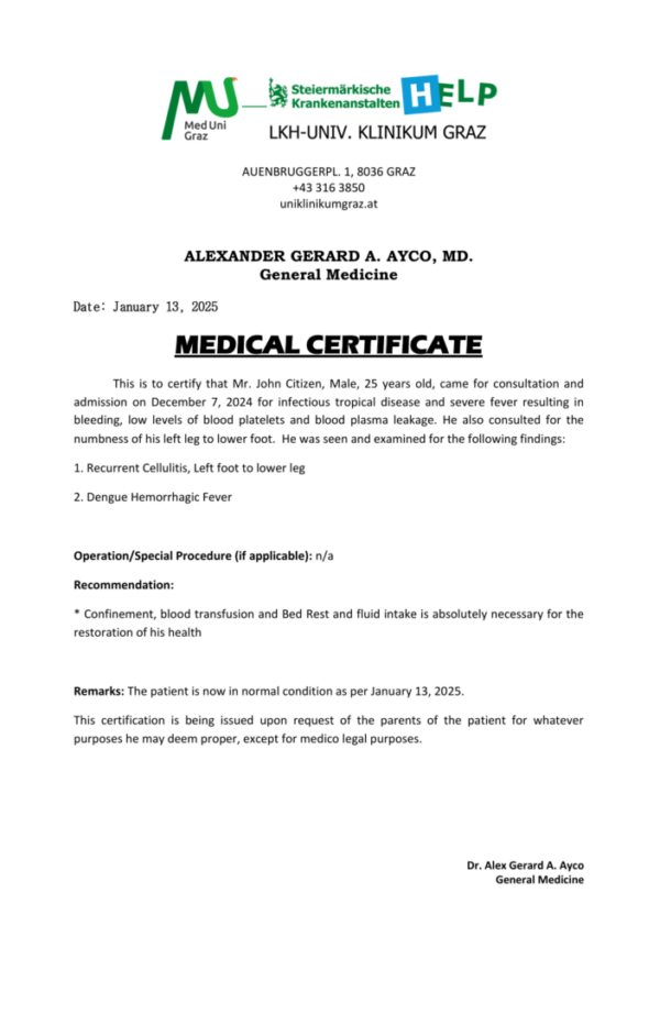 LKH-Universitätsklinikum Graz medical certificate template in Word and PDF formats