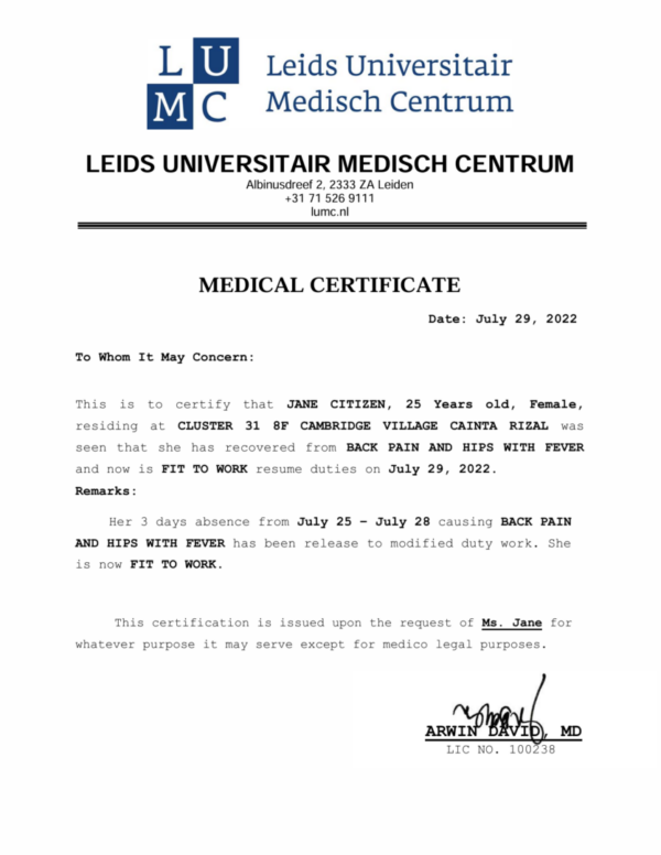 Leids Universitair Medisch Centrum medical certificate template in Word and PDF formats