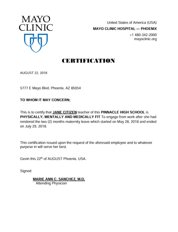 Mayo Clinic - Phoenix certification template in Word and PDF formats