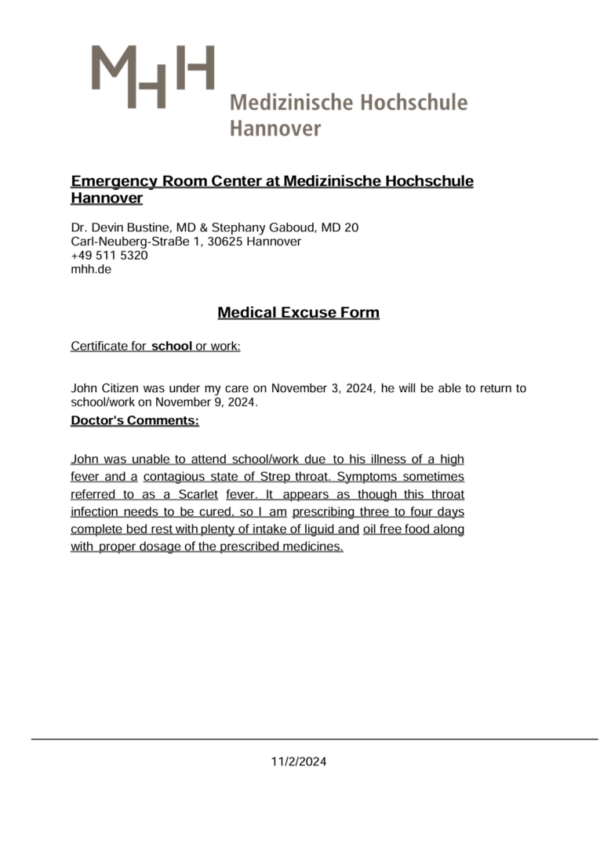 Medizinische Hochschule Hannover medical excuse template in Word and PDF formats