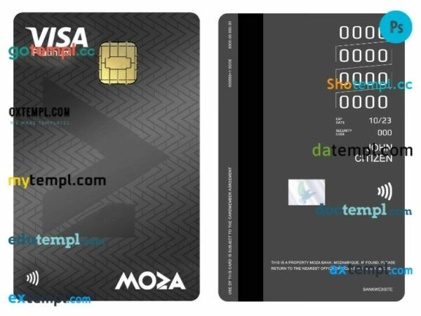 Mozambique Moza Bank visa platinum credit vertical card template in PSD format