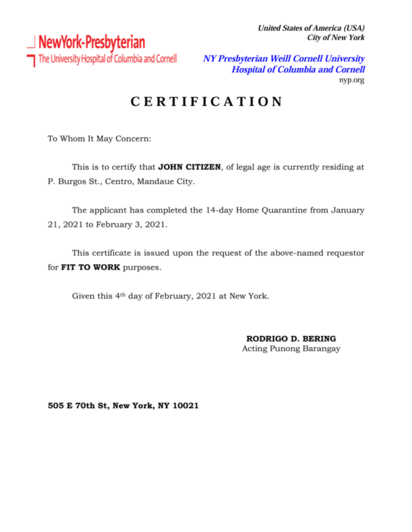 NY Presbyterian University Hospital of Columbia and Cornell certification template in Word and PDF formats