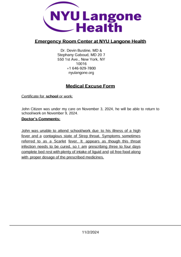 NYU Langone Health medical excuse template in Word and PDF formats