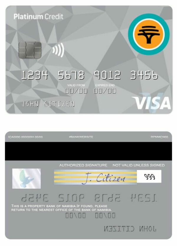 Namibia First National Bank platinum credit visa card template in PSD format