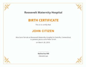 New York Roosvelt Maternity Hospital Birth Certificate template in PSD format