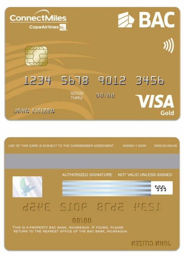 Nicaragua BAC Bank visa gold card template in PSD format