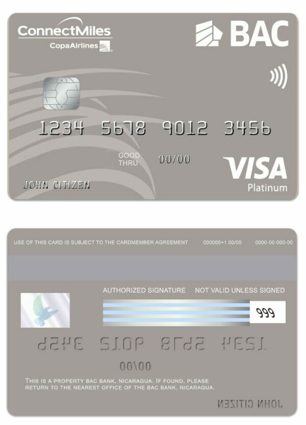 Nicaragua BAC Bank visa platinum card template in PSD format