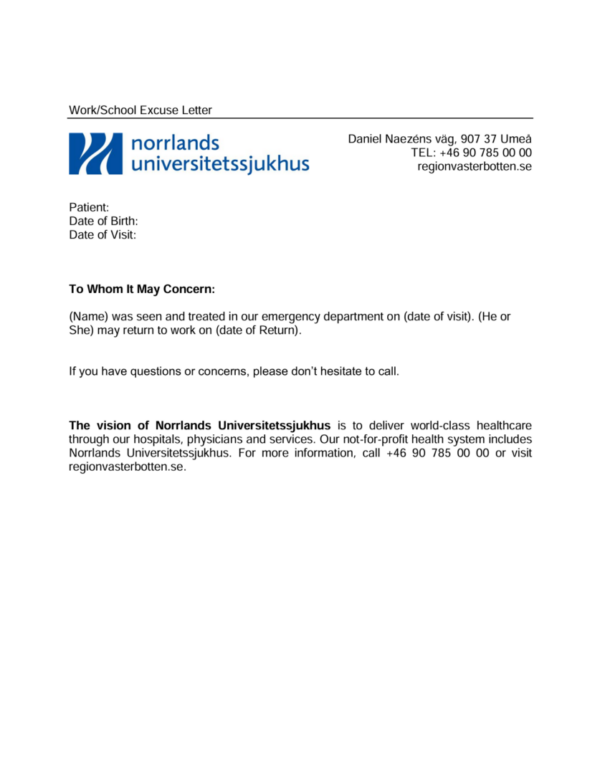 Norrlands Universitetssjukhus excuse letter template in Word and PDF formats