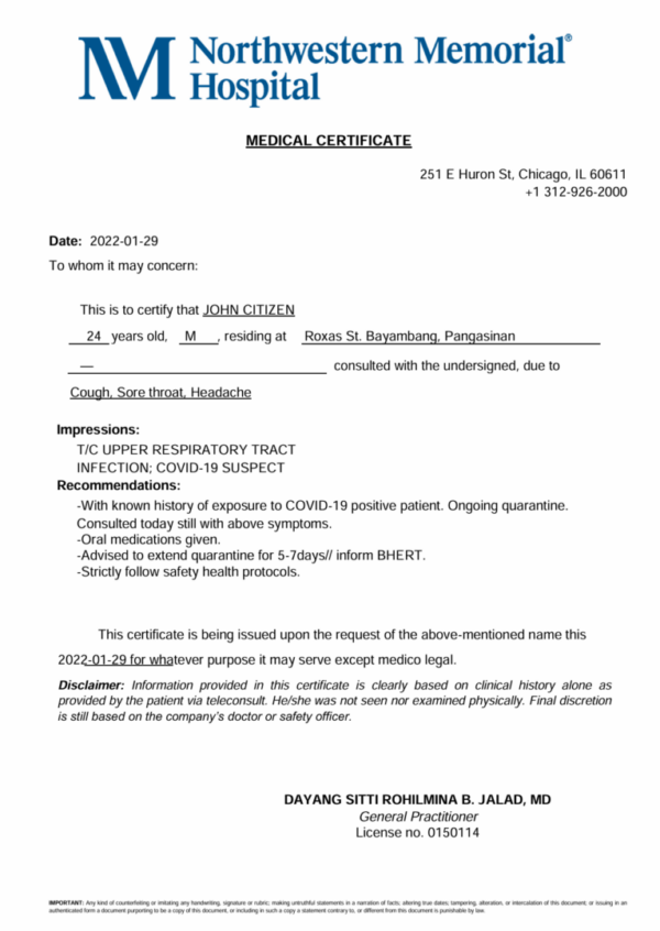 Northwestern Memorial Hospital medical certificate template in Word and PDF formats