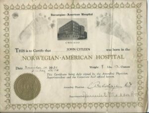 Norway Norwegian-American Hospital Birth Certificate template in PSD format
