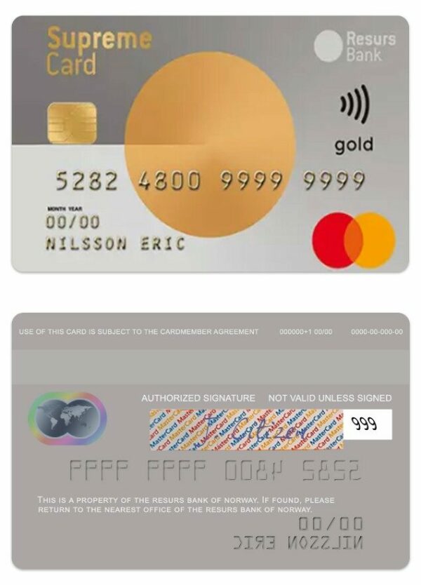 Norway Resurs Bank supreme gold card template in PSD format