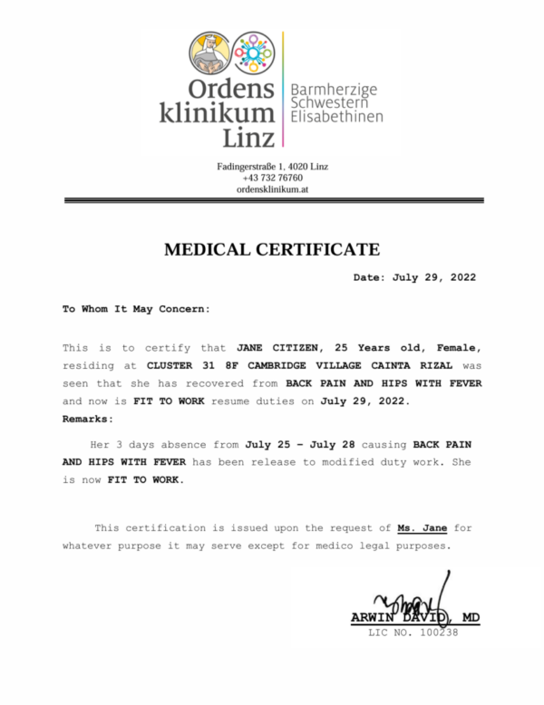 Ordensklinikum Linz Elisabethinen medical certificate template in Word and PDF formats