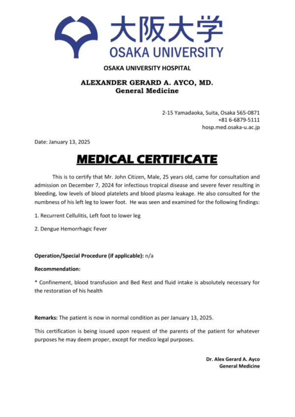 Osaka University Hospital medical certificate template in Word and PDF formats