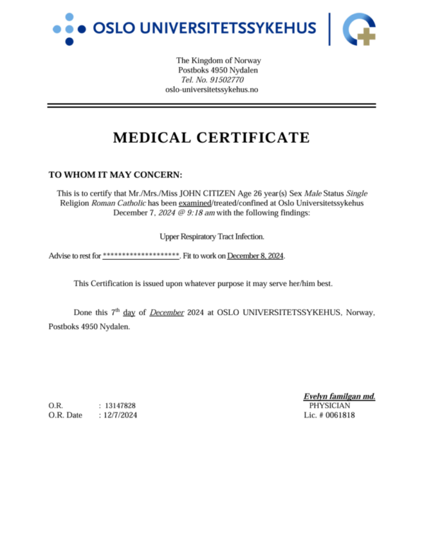 Oslo universitetssykehus medical certificate template in Word and PDF formats