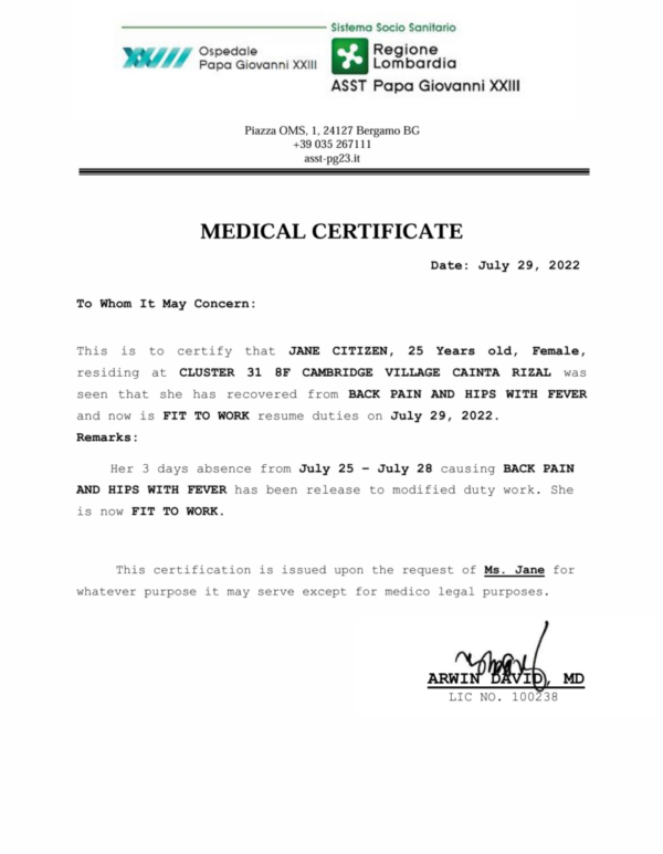 Ospedale Papa Giovanni XXIII medical certificate template in Word and PDF formats