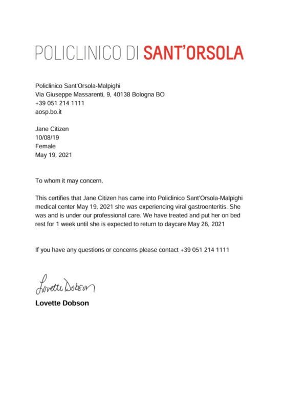 Policlinico Sant'Orsola-Malpighi doctor note template in Word and PDF formats