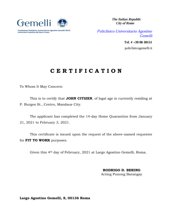 Policlinico Universitario Agostino Gemelli medical certificate template in Word and PDF formats