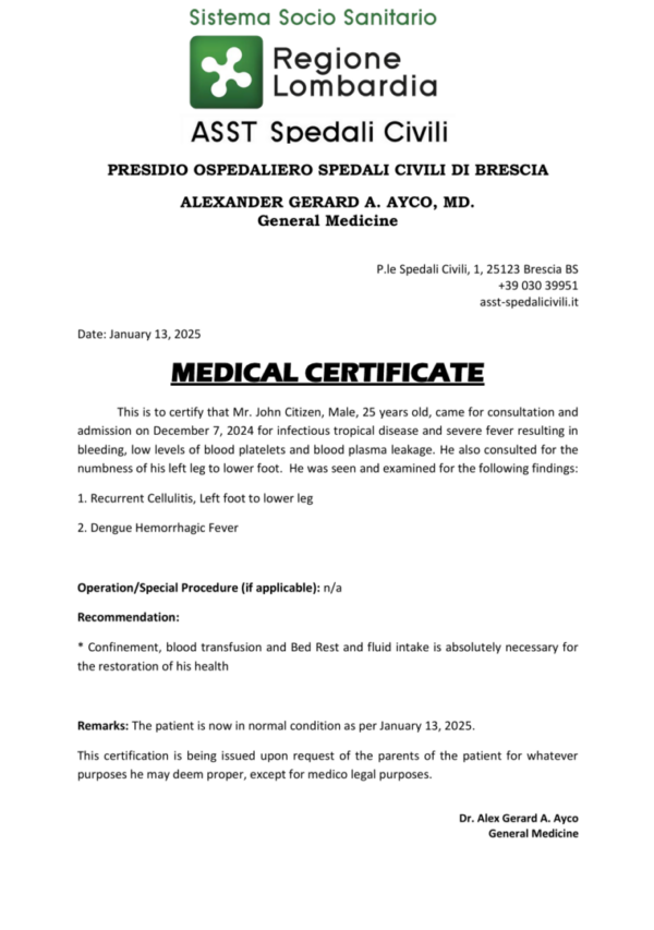 Presidio Ospedaliero Spedali Civili di Brescia medical certificate template in Word and PDF formats