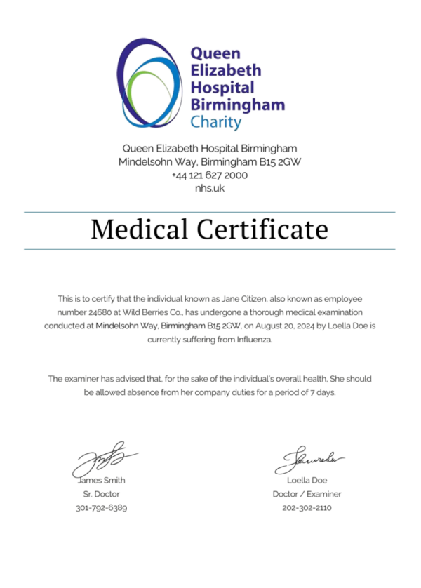 Queen Elizabeth Hospital Birmingham medical certificate template in Word and PDF formats