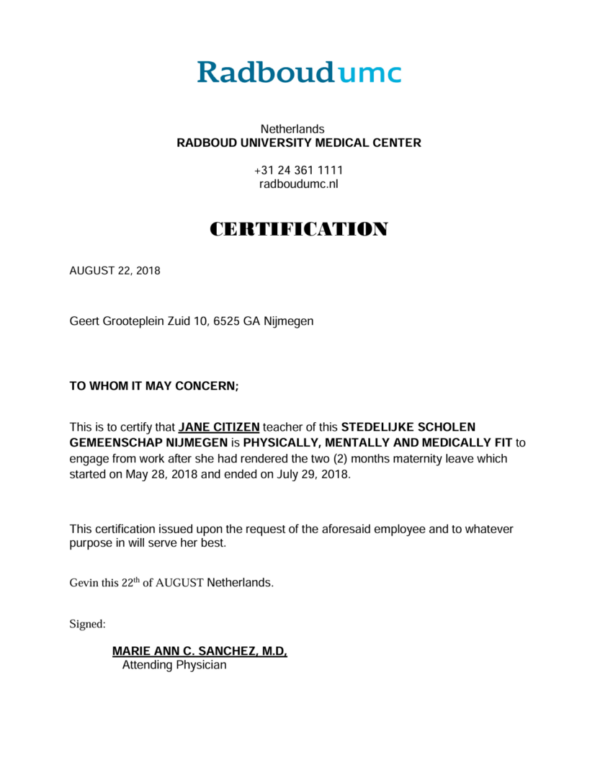 Radboud University Medical Center certification template in Word and PDF formats