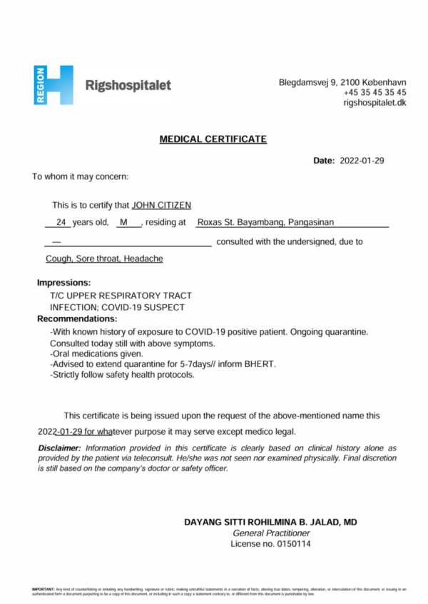 Rigshospitalet København medical certificate template in Word and PDF formats