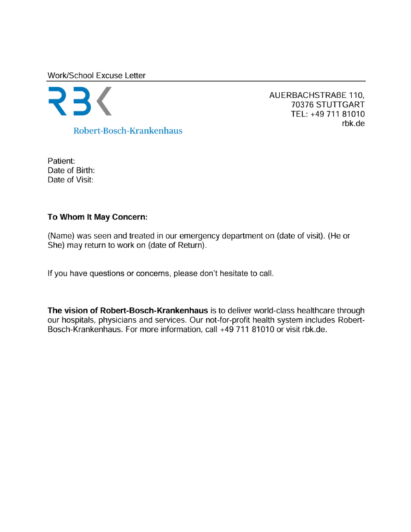 Robert-Bosch-Krankenhaus excuse letter template in Word and PDF formats