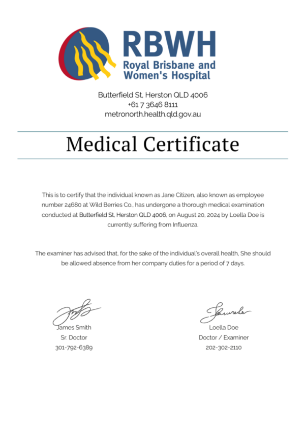 Royal Brisbane and Women's Hospital medical certificate template in Word and PDF formats