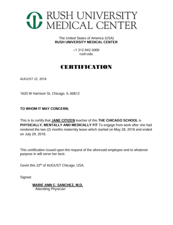 Rush University Medical Center certification template in Word and PDF formats