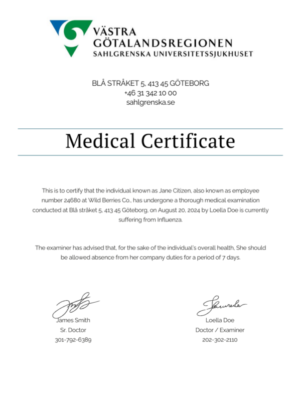 Sahlgrenska Universitetssjukhuset medical certificate template in Word and PDF formats