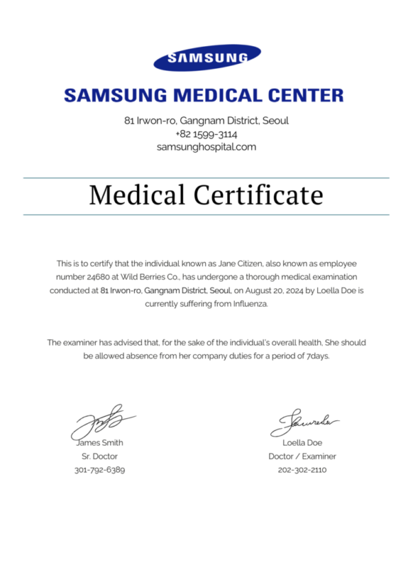 Samsung Medical Center medical certificate template in Word and PDF formats