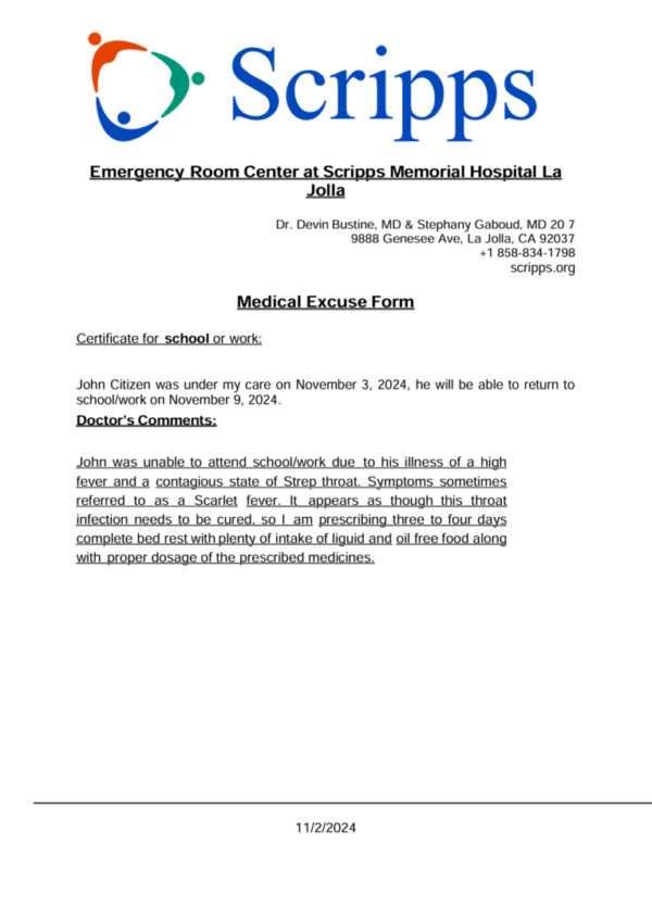 Scripps Memorial Hospital La Jolla medical excuse template in Word and PDF formats