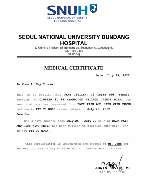 Seoul National University Bundang Hospital medical certificate template in Word and PDF formats