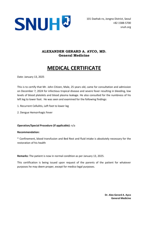 Seoul National University Hospital medical certificate template in Word and PDF formats