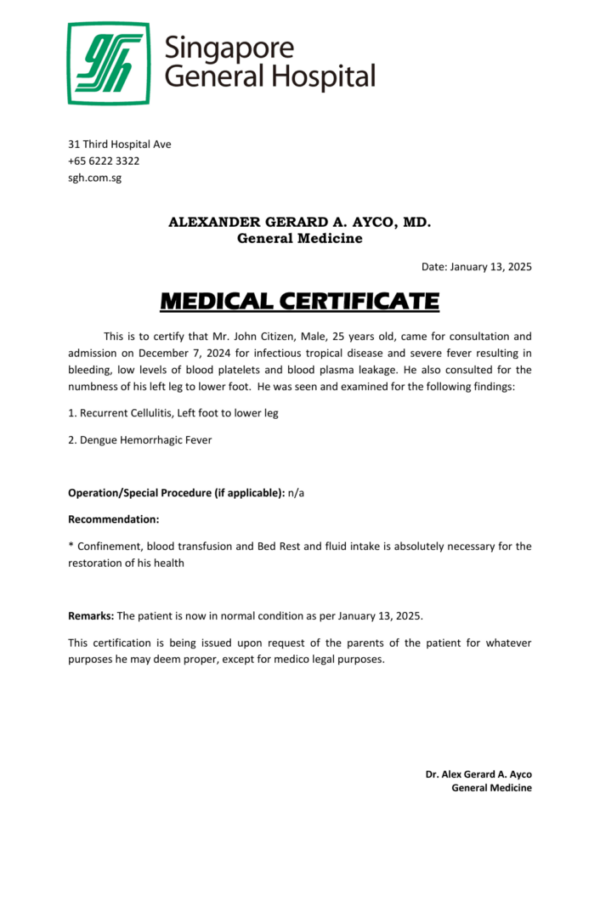 Singapore General Hospital medical certificate template in Word and PDF formats