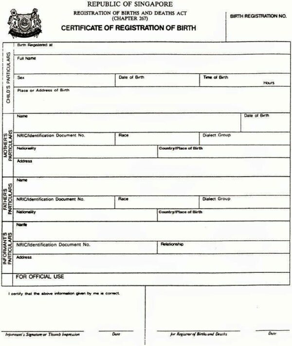 Singapore Registration of births and deaths certificate of birth template in PSD format