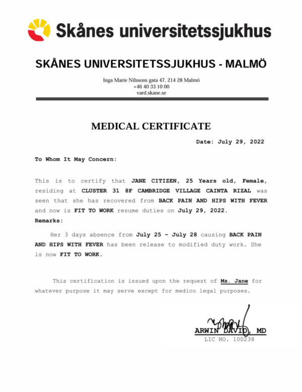 Skånes Universitetssjukhus - Malmö medical certificate template in Word and PDF formats