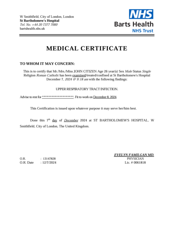 St Bartholomew's Hospital medical certificate template in Word and PDF formats