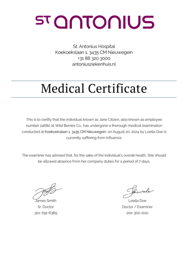 St. Antonius Hospital medical certificate template in Word and PDF formats