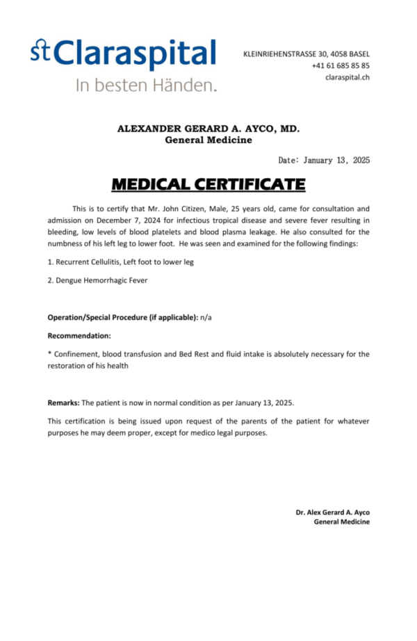 St. Claraspital medical certificate template in Word and PDF formats