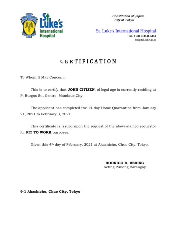 St. Luke's International Hospital medical certificate template in Word and PDF formats