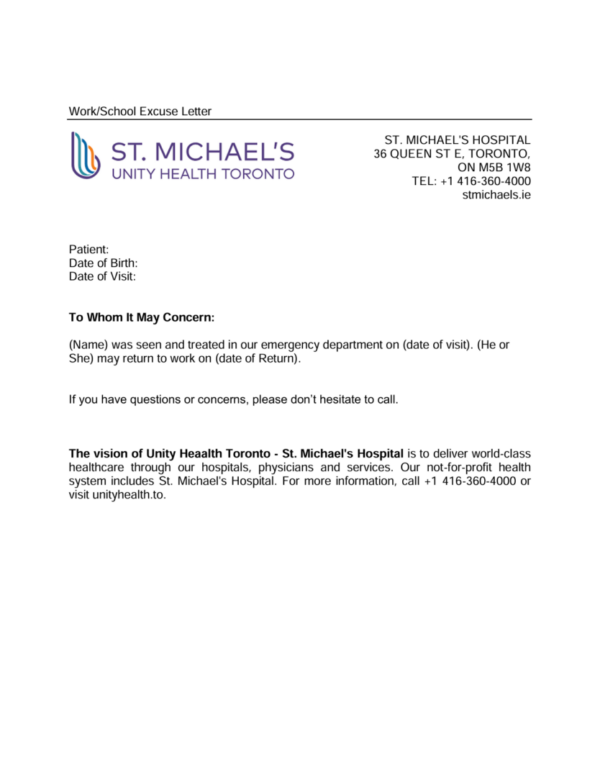 St. Michael's Hospital excuse letter template in Word and PDF formats