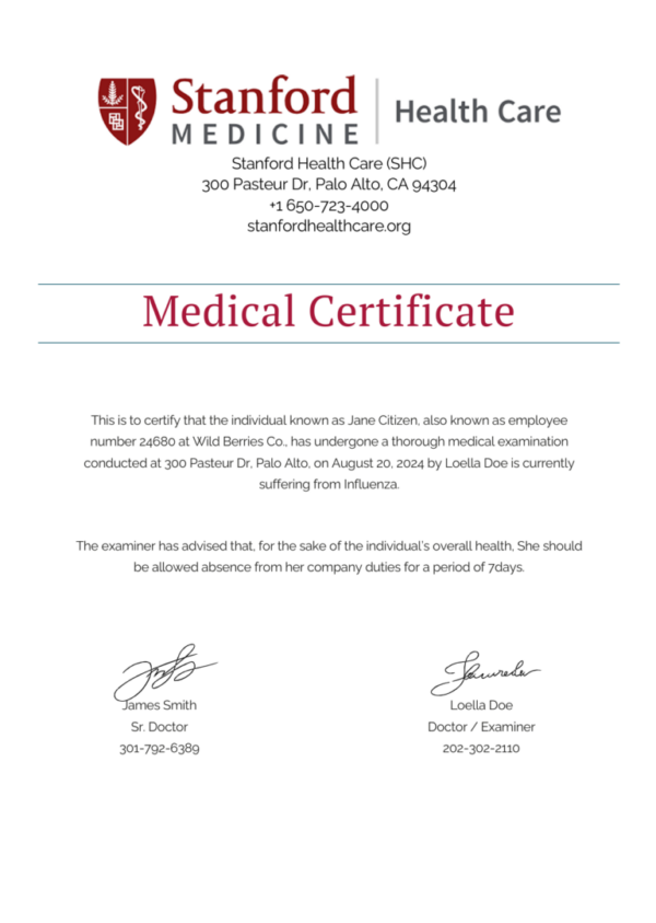 Stanford Health Care - Stanford Hospital medical certificate template in Word and PDF formats