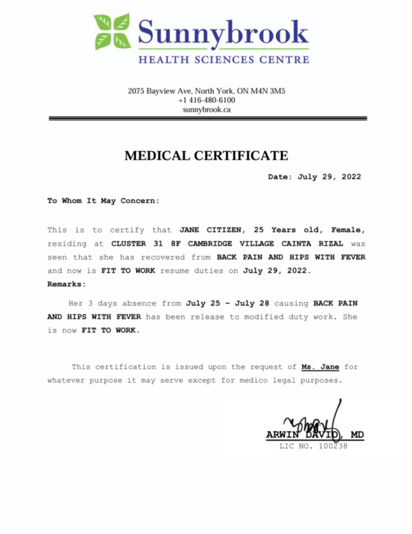 Sunnybrook Health Sciences Centre medical certificate template in Word ad PDF formats