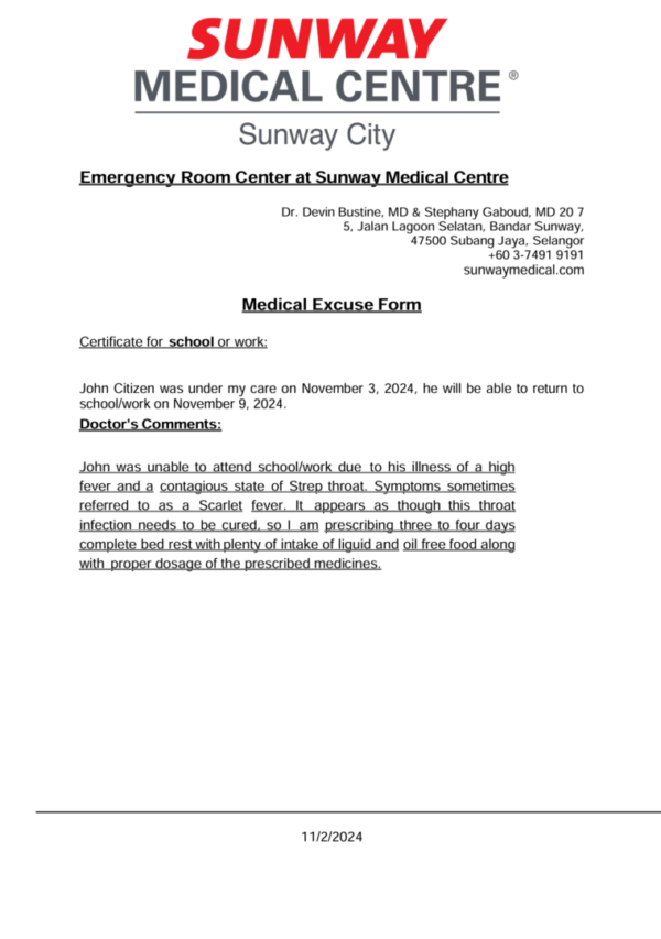 Sunway Medical Centre medical excuse template in Word and PDF formats